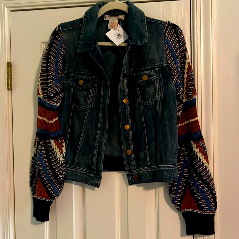 NWT Flying Tomato Knit Sleeve Denim Jacket